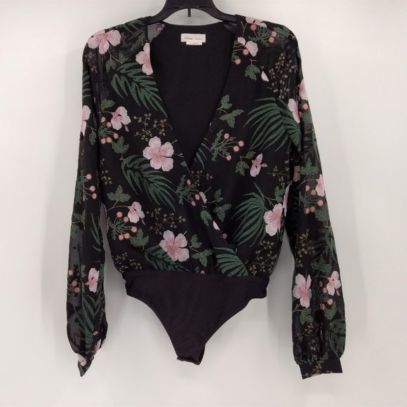 LOVERS & FRIENDS Laya Bodysuit XS‎ Black Pink Green Embroidered Long Sleeve - Picture 2 of 13